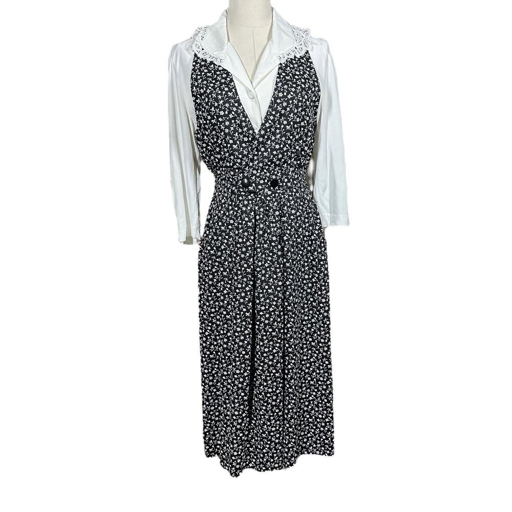 Vtg 80s 90s Petite Sophisticate Black Floral Pinafore Dress Jumper & White Shirt